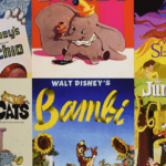 Un collage d'affiches de films vintage de Walt Disney, notamment "Pinocchio", "Dumbo", "La Belle au bois dormant", "Les Aristochats", "Bambi" et "Le Livre de la Jungle".