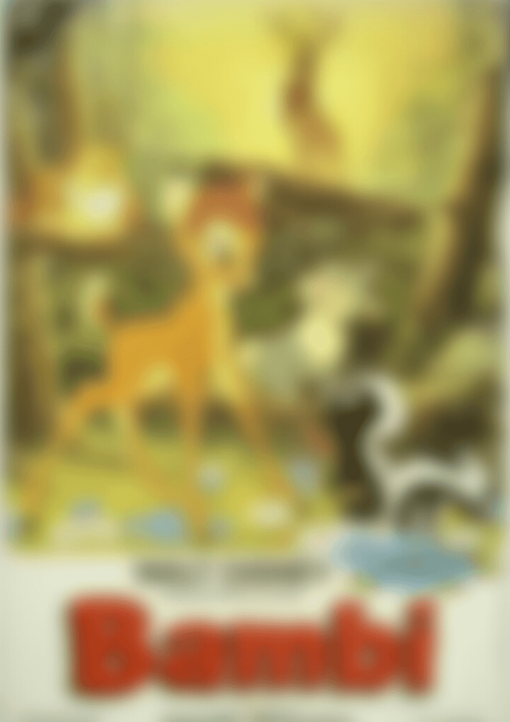 Image floue d'une couverture de livre "Bambi" présentant une représentation stylisée d'un jeune cerf dans un décor forestier coloré. Le titre « Bambi », bien en évidence en bas, évoque