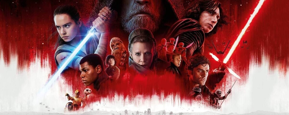 Affiche promotionnelle du film "Star Wars : Les Derniers Jedi" mettant en vedette des personnages clés avec des sabres laser et des vaisseaux spatiaux sur fond rouge et blanc.