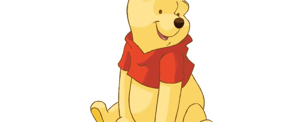 Illustration de Winnie l'ourson, un personnage de Disney et un ours jaune portant une chemise rouge, assis avec une expression heureuse.