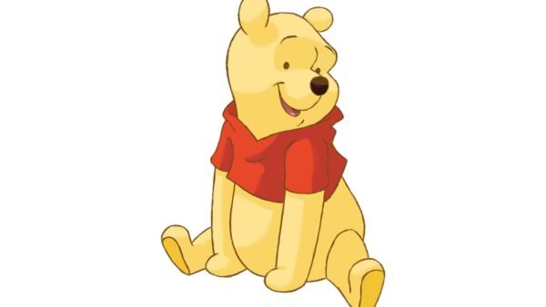 Illustration de Winnie l'ourson, un personnage de Disney et un ours jaune portant une chemise rouge, assis avec une expression heureuse.