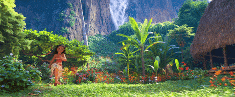 Une jeune fille, qui rappelle Vaiana, se promène au milieu d’une végétation tropicale luxuriante, avec une hutte au toit de chaume et d’imposantes falaises en arrière-plan. La lumière du soleil baigne les fleurs et la verdure éclatantes.