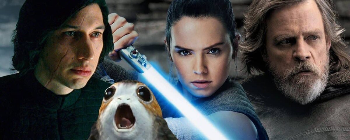 Un collage de Star Wars : Les Derniers Jedi mettant en vedette Kylo Ren, Rey tenant un sabre laser bleu, un porg et Luke Skywalker sur fond de terrain rocheux.