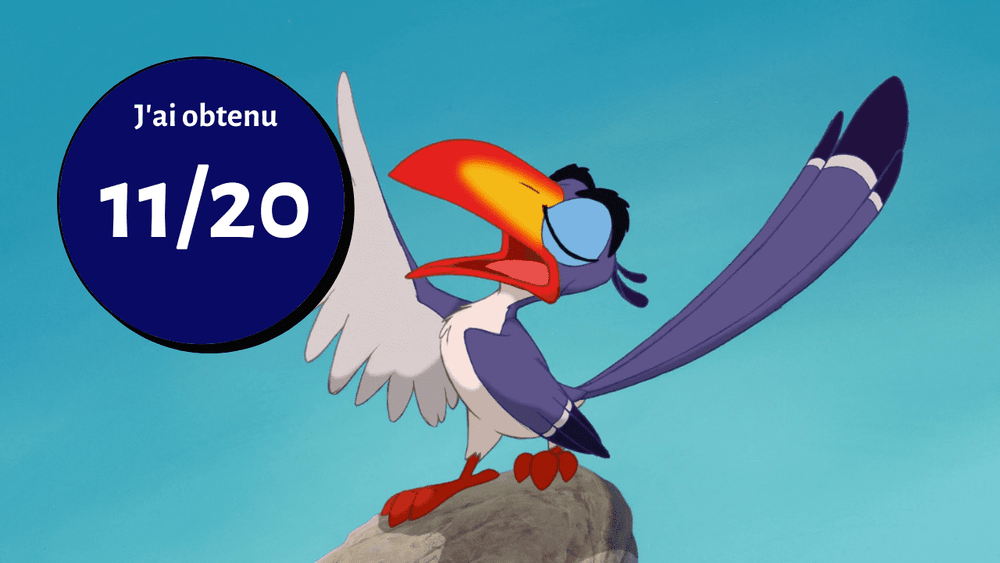 Personnage animé de toucan, l'un des oiseaux vibrants, faisant la fête sur un rocher, avec une bulle qui dit "j'ai obtenu 11/20" en français, sur un fond bleu sarcelle