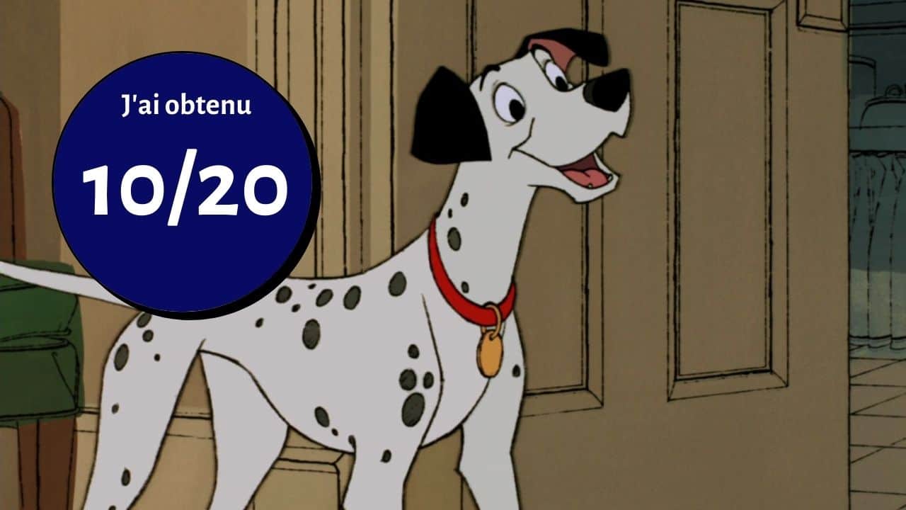 Un dalmatien animé du film Disney "Les 101 Dalmatiens" avec un collier semble excité à l'intérieur d'une pièce, avec une bulle affichant "j'ai obtenu 10