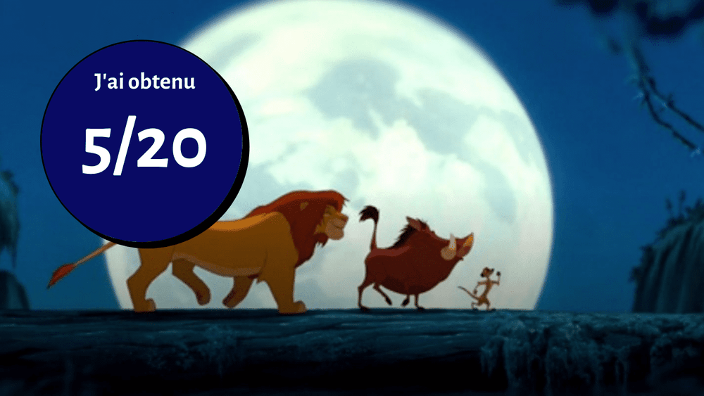 Une scène du « Roi Lion » avec Simba, Timon et Pumbaa marchant sous la pleine lune ; superposé se trouve un cercle bleu avec le texte "j'ai obtenu