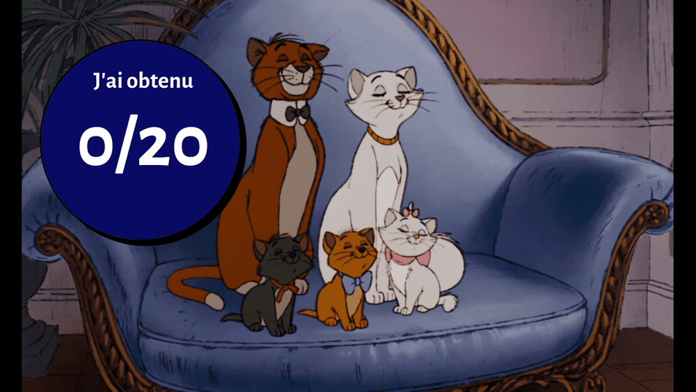 Image animée montrant une famille de chats, dont un fier chat orange, un chat blanc élancé et leurs trois chatons, assis ensemble sur un élégant canapé bleu. une bulle de texte indique "j'ai obtenu 0/20".