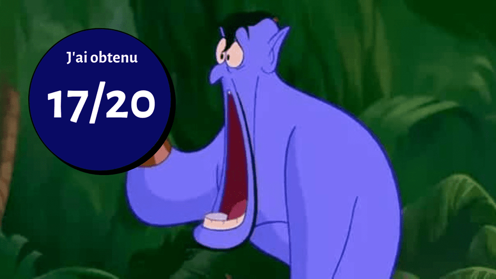 *Illustration du personnage génie d'Aladdin, tenant un badge bleu indiquant « j'ai obtenu 17/20 », sur un fond de jungle vert luxuriant.*