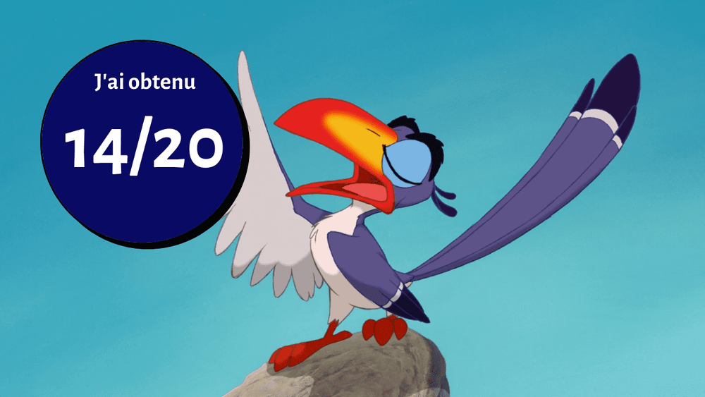 Oiseau au plumage coloré posé sur un rocher, arborant fièrement un badge bleu indiquant "j'ai obtenu 14/20" sur fond bleu sarcelle.