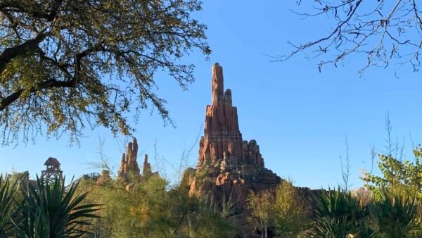 Une grande formation rocheuse et désertique se dressant bien en évidence sous un ciel bleu clair, ressemblant au décor sur le thème de la frontière de Big Thunder Mountain à Disneyland Paris, entourée d'un feuillage vert luxuriant et de plantes de cactus dans