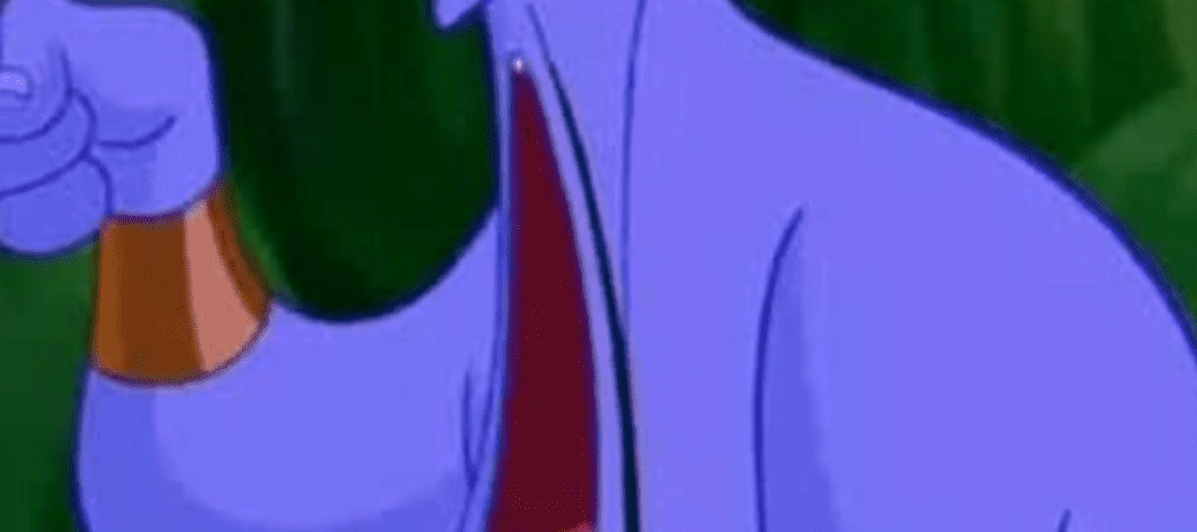 Illustration d'un génie bleu perplexe des films Disney avec une grande bouche ouverte et un poing droit levé, sur un fond vert foncé.