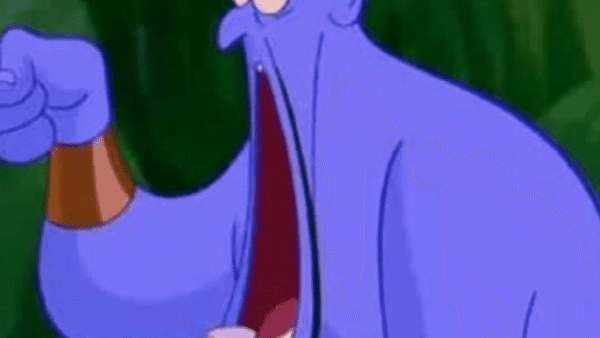 Illustration d'un génie bleu perplexe des films Disney avec une grande bouche ouverte et un poing droit levé, sur un fond vert foncé.