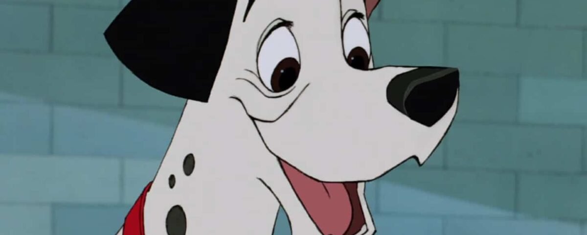 Image animée tirée du film Disney "101 Dalmatiens" d'un dalmatien joyeux avec un collier rouge, sur un fond carrelé turquoise. Le chien a une tache noire bien visible sur le corps.