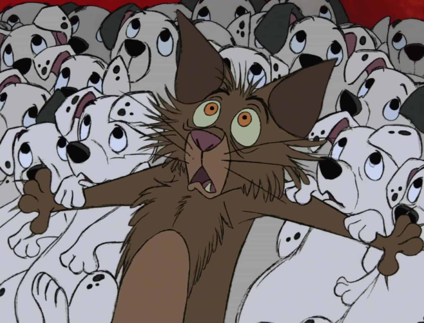 Image de bande dessinée représentant un chat brun surpris, serré dans ses bras et entouré de nombreux chiots des "101 Dalmatiens", tous avec des expressions attentives.