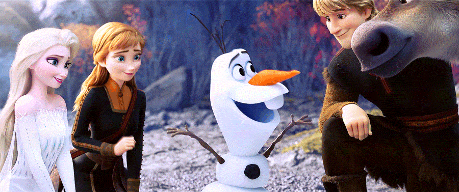 Image animée de "La Reine des Neiges" mettant en vedette Elsa, Anna, Olaf le bonhomme de neige, Kristoff et Sven le renne souriant et échangeant des dialogues dans un paysage enneigé.