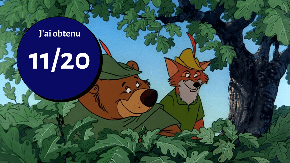 Ours et renard de dessin animé dans une forêt, renard portant un chapeau et pratiquant le tir à l'arc ; la superposition affiche le score « 11/20 » sur un cercle bleu.
