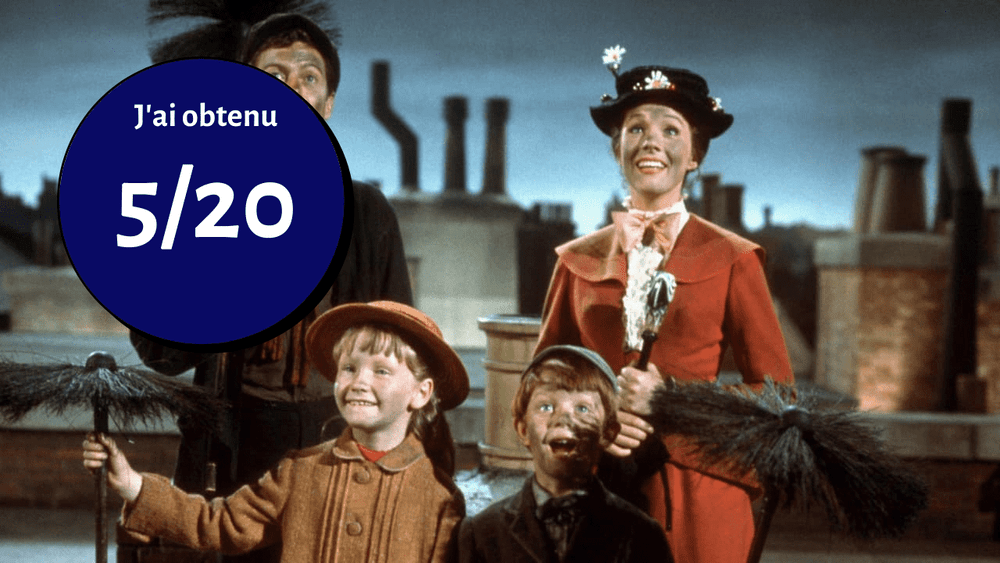 Une scène du film musical "Mary Poppins" mettant en scène deux adultes et deux enfants tenant des balais de cheminée, avec un cercle bleu superposé affichant "j'ai obtenu 5/20" en texte blanc