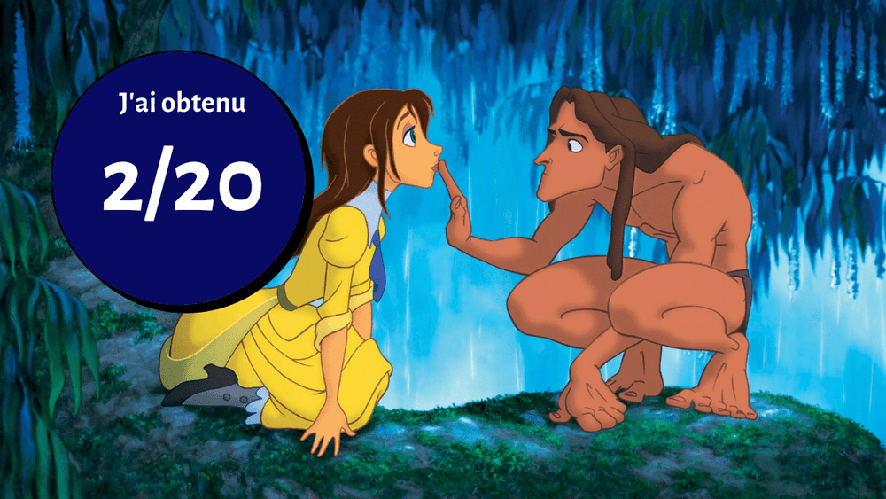 Illustration tirée d'un dessin animé montrant un personnage féminin en robe jaune et un personnage masculin ressemblant à Tarzan dans une jungle la nuit. Un cercle bleu avec le texte "j'ai obtenu 2/20