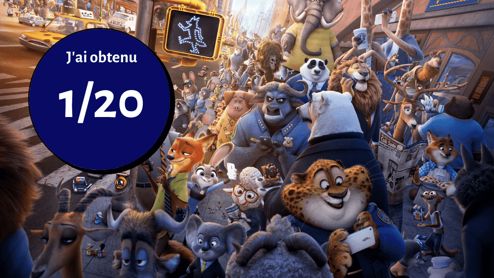 Scène animée du film "Zootopie" montrant divers personnages animaux à un carrefour urbain, célébrant avec un score "1/20" affiché sur un panneau.