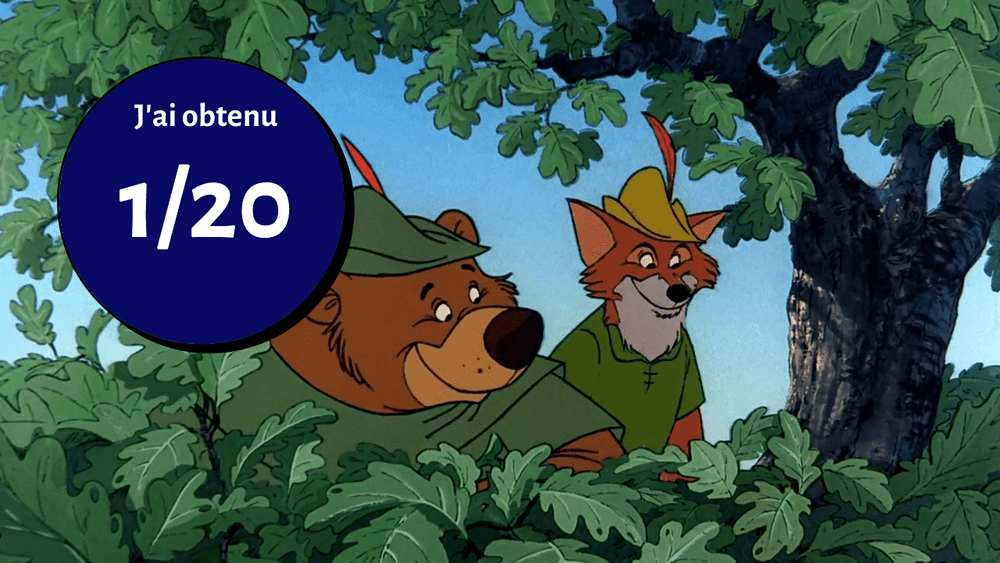 Des personnages animés, un ours et un renard portant des chapeaux médiévaux, regardent derrière un arbre dans une forêt. Un badge de score avec « 1/20 » recouvre l'image en haut à gauche.