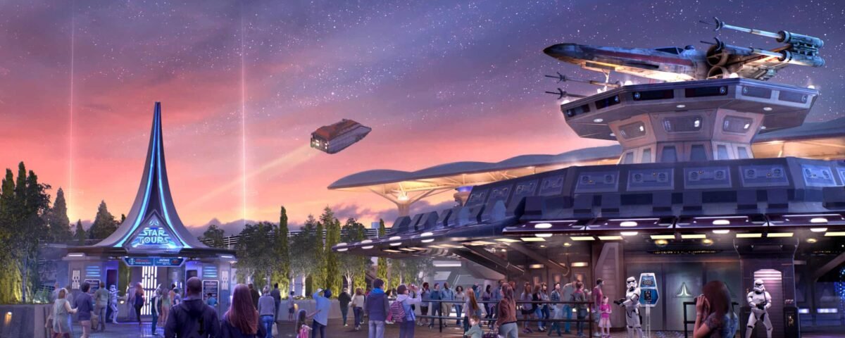 Art conceptuel d'un parc futuriste sur le thème de Star Wars à Disneyland Paris au crépuscule avec des visiteurs, des vaisseaux spatiaux et un ciel étoilé au-dessus.