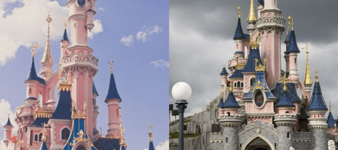 Deux images du Château de la Belle au Bois Dormant à Disneyland Paris, l'une en plein soleil avec un ciel bleu selon la météo, et l'autre par temps nuageux avec des visiteurs et des décorations florales au premier plan.