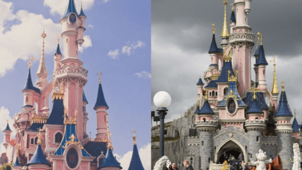 Deux images du Château de la Belle au Bois Dormant à Disneyland Paris, l'une en plein soleil avec un ciel bleu selon la météo, et l'autre par temps nuageux avec des visiteurs et des décorations florales au premier plan.