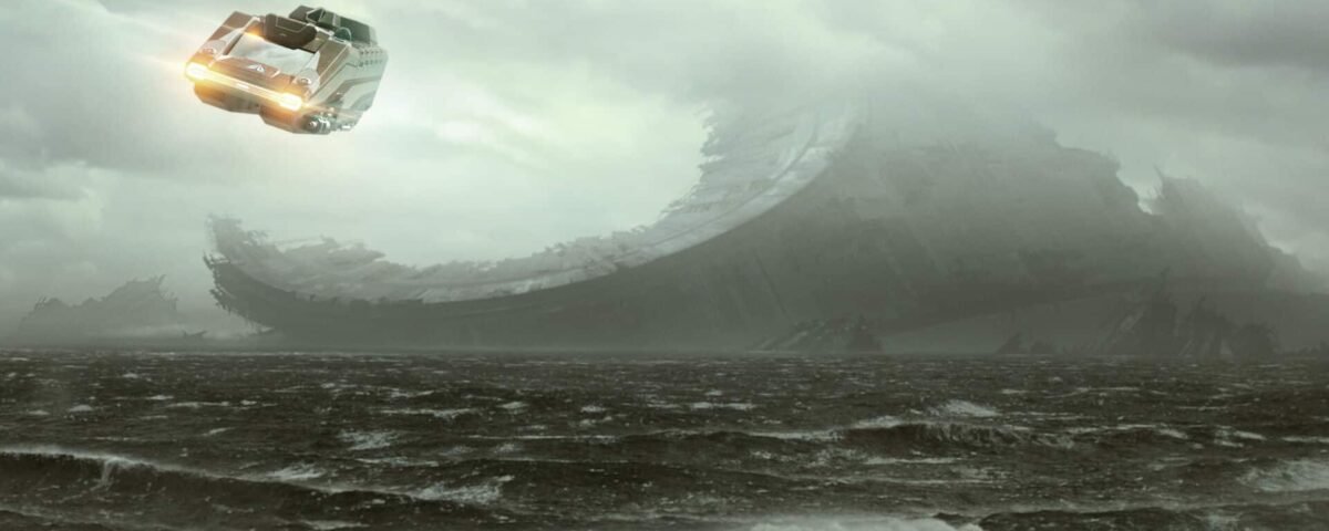 Un véhicule futuriste survole un océan tumultueux, près d’une structure colossale en forme d’anneau qui émerge de l’eau et s’élève dans un ciel nuageux. La scène dégage une atmosphère mystérieuse et inquiétante, rappelant