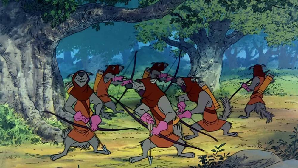 Scène animée montrant un groupe de vautours anthropomorphes vêtus de vêtements rouges et orange, pratiquant le tir à l'arc dans une forêt, rappelant le Robin des Bois du folklore français.