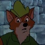 Un renard animé portant un chapeau et une chemise vertes, semblant surpris ou inquiet, rappelant Robin des Bois, se tient devant un mur de pierre grise.