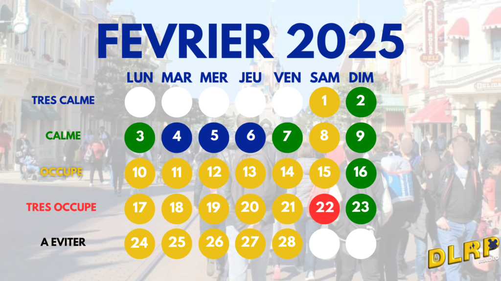 Calendrier de février 2025 indiquant les niveaux de fréquentation en codes couleurs : très calme, calme, chargé et très chargé. Les dates les plus chargées sont du 22 au 25 février.