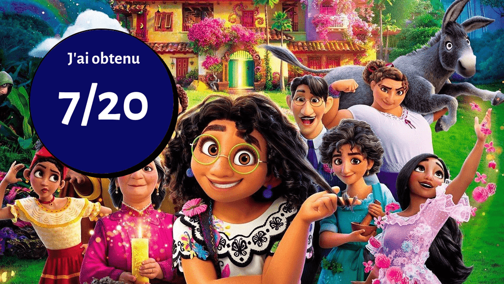 Personnages animés du film Disney *Encanto* en fête, entourés d'un paysage tropical luxuriant et coloré et d'un âne. Un grand score « 7/20 » au centre suggère une note ou