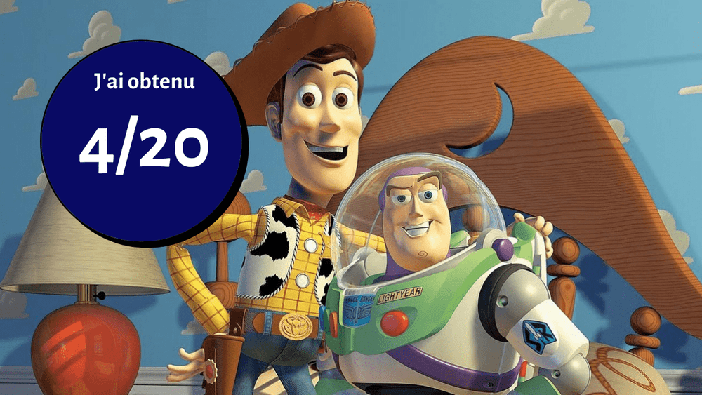 Personnages de Toy Story Woody et Buzz l'Éclair avec un cercle bleu affichant "j'ai obtenu 4/20" superposé sur un fond de pièce animé.