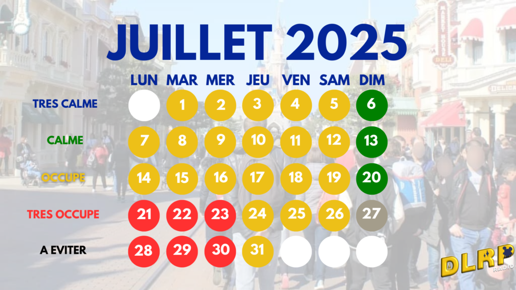 Le calendrier à code couleur pour juillet 2025 indique les niveaux de fréquentation de « très calme » à « à éviter ». Les dates incluent : 1-4 "très calme", 5-13 "calme", 14-20 "occupe", 21-27 "très occupé" et 28-31 il est préférable d'éviter.