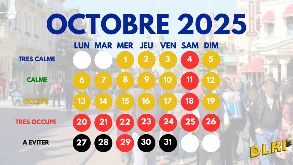 Un calendrier pour octobre 2025 met en évidence les niveaux de fréquentation du parc. Les jours vont de « très calme » à « à éviter », indiqués par des teintes vertes, jaunes, orange et rouges.