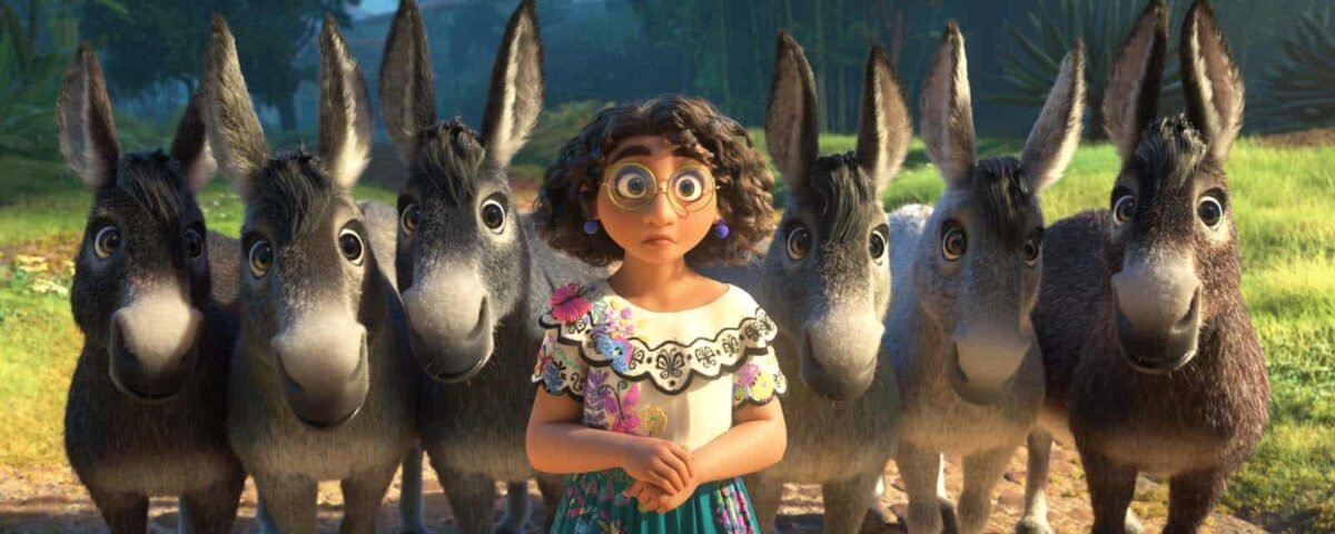 Une jeune fille à lunettes et en costume traditionnel coloré se tient dans un champ ensoleillé, entourée d'un groupe d'ânes attentifs, avec un village musical en arrière-plan.