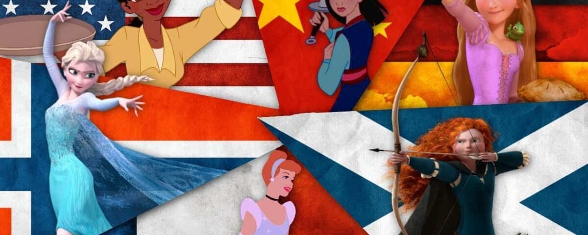 Collage de diverses princesses Disney superposées sur les drapeaux de leurs pays respectifs, mettant en vedette des personnages comme Elsa, Mulan et Merida dans des poses dynamiques.