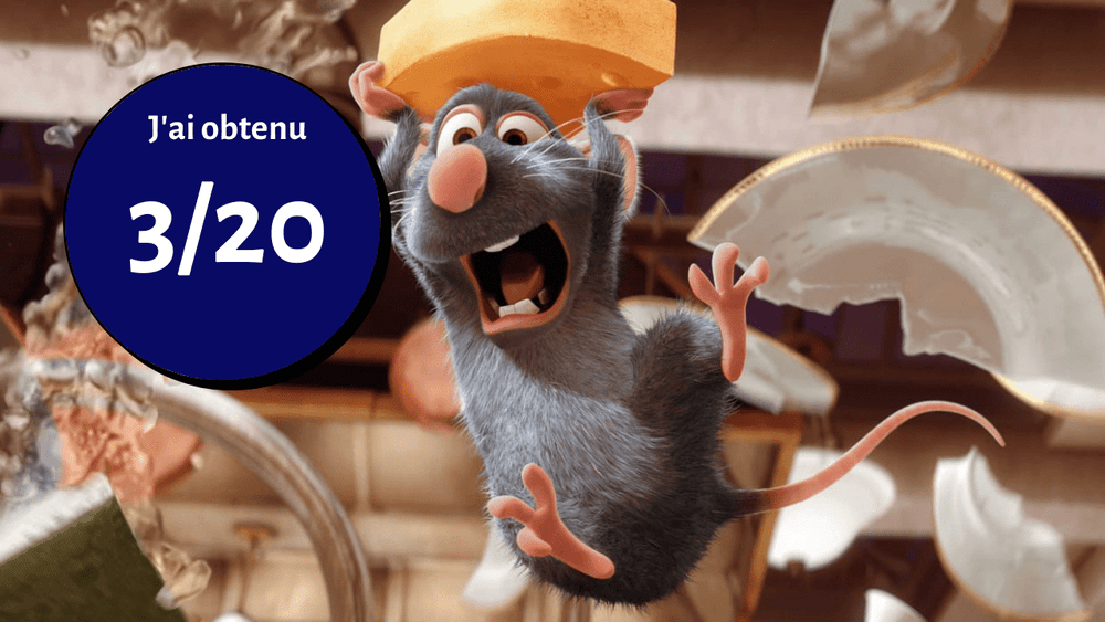 Une image animée de Rémy, le rat de Ratatouille, sautant avec enthousiasme dans une cuisine avec une note de 3/20 affichée dans un cercle bleu superposé à l'image.