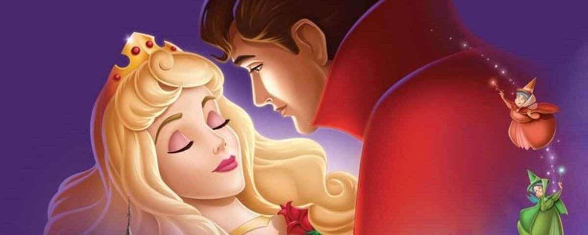 Illustration tirée du conte de fées français "La Belle au Bois Dormant" montrant la princesse Aurore endormie, le prince Phillip sur le point de l'embrasser, avec Flora et Merryweather qui regardent à proximité, le tout opposé