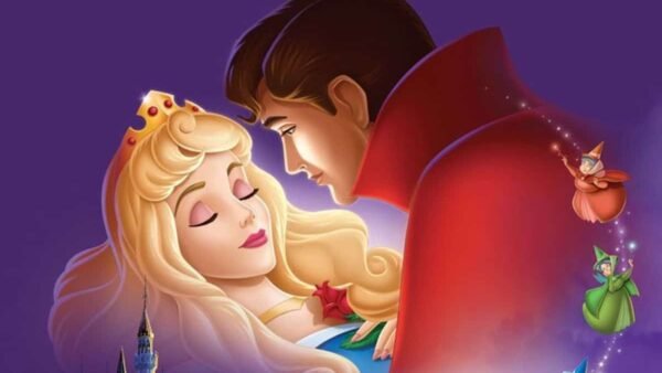 Illustration tirée du conte de fées français "La Belle au Bois Dormant" montrant la princesse Aurore endormie, le prince Phillip sur le point de l'embrasser, avec Flora et Merryweather qui regardent à proximité, le tout opposé