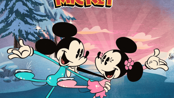 Affiche pour "l'hiver merveilleux de mickey" montrant Mickey et Minnie Mouse patinant ensemble dans un paysage hivernal, avec des arbres enneigés et un ciel rose en arrière-plan. logo Disney+ et texte en bas.