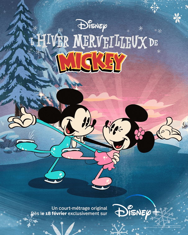 Affiche pour "l'hiver merveilleux de mickey" montrant Mickey et Minnie Mouse patinant ensemble dans un paysage hivernal, avec des arbres enneigés et un ciel rose en arrière-plan. logo Disney+ et texte en bas.