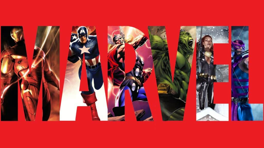 Orthographe graphique « merveille » avec des lettres individuelles remplies de super-héros emblématiques : Iron Man, Captain America, Thor, Hulk, Black Widow et Hawkeye, sur des arrière-plans vibrants de style bande dessinée.