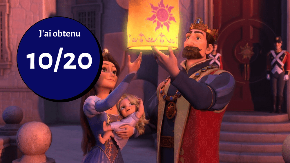 Scène animée représentant un enfant présentant une lanterne à un roi, tous deux en tenue royale Disney, avec une note bleue "10/20" superposée et le texte "j'ai obtenu