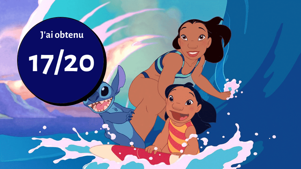 Image animée Disney de Lilo et Stitch surfant sur une vague, avec Lilo au premier plan. Une bulle montre "j'ai obtenu 17/20" en français, indiquant un score