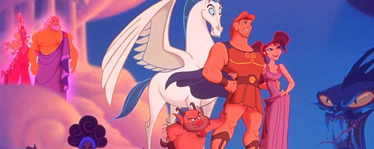 Illustration colorée de divers personnages animés du film Hercules, notamment Hercules, Pégase et d'autres personnages mythologiques, sur un fond rose et bleu vif.