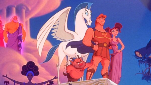 Illustration colorée de divers personnages animés du film Hercules, notamment Hercules, Pégase et d'autres personnages mythologiques, sur un fond rose et bleu vif.
