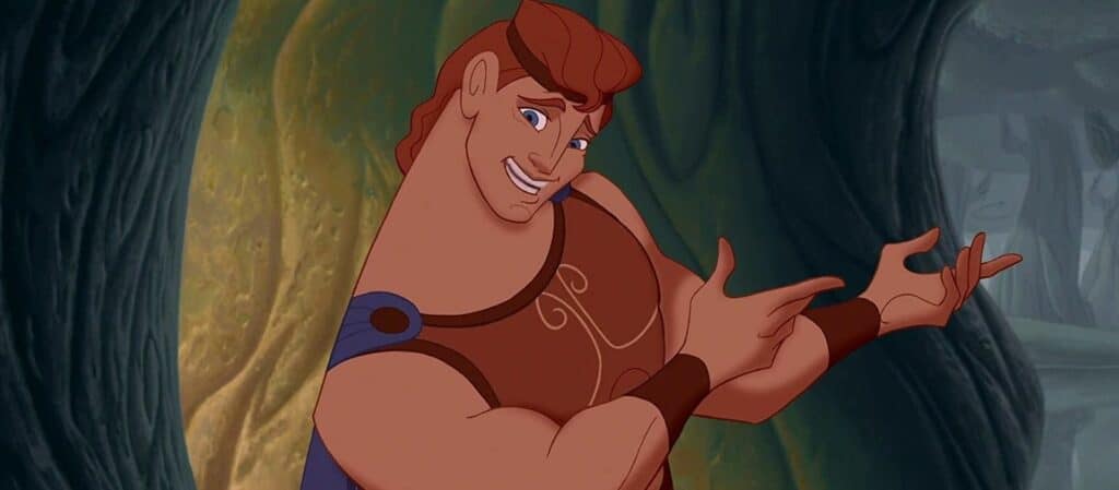 Personnage animé au physique musclé et au sourire confiant, vêtu d'une tunique marron de style grec, assumant le rôle d'un détective dans un décor aux allures de forêt.