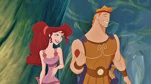 Les personnages animés Hercules et Megara du film Hercules de Disney sourient et marchent ensemble sur un fond bleu sarcelle ondulé. Hercule porte une tenue marron de style romain, tandis que Megara porte une robe violette.