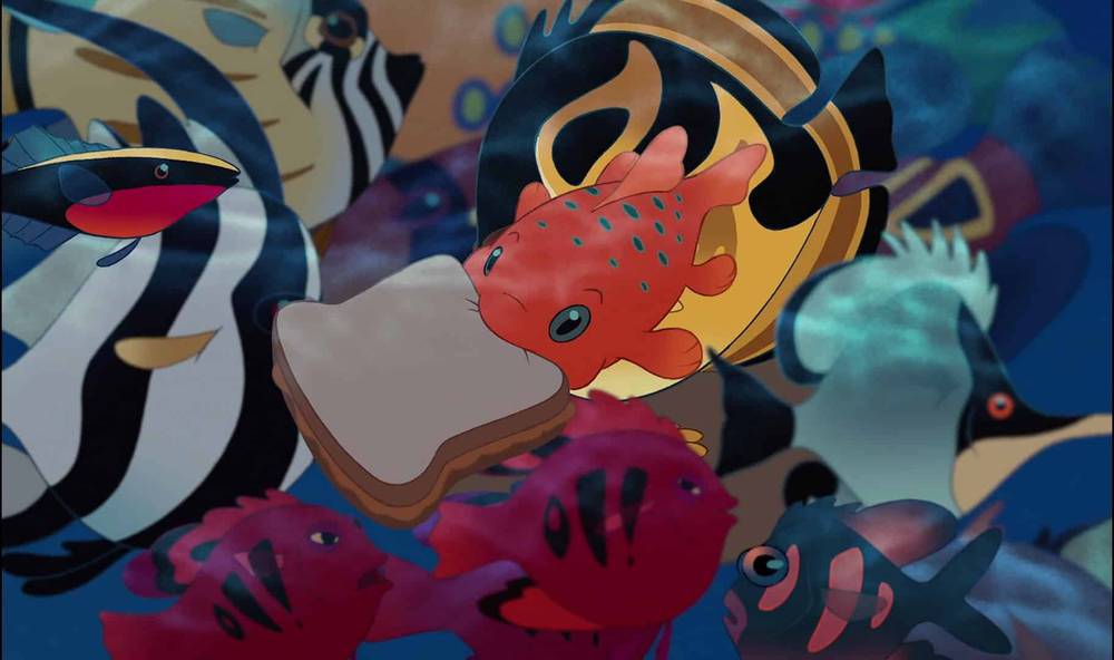 Une scène animée Disney colorée mettant en vedette un poisson-clown à l'expression inquiète tenant un sandwich, entouré de divers autres poissons tropicaux aux couleurs vives dans un décor sous-marin.